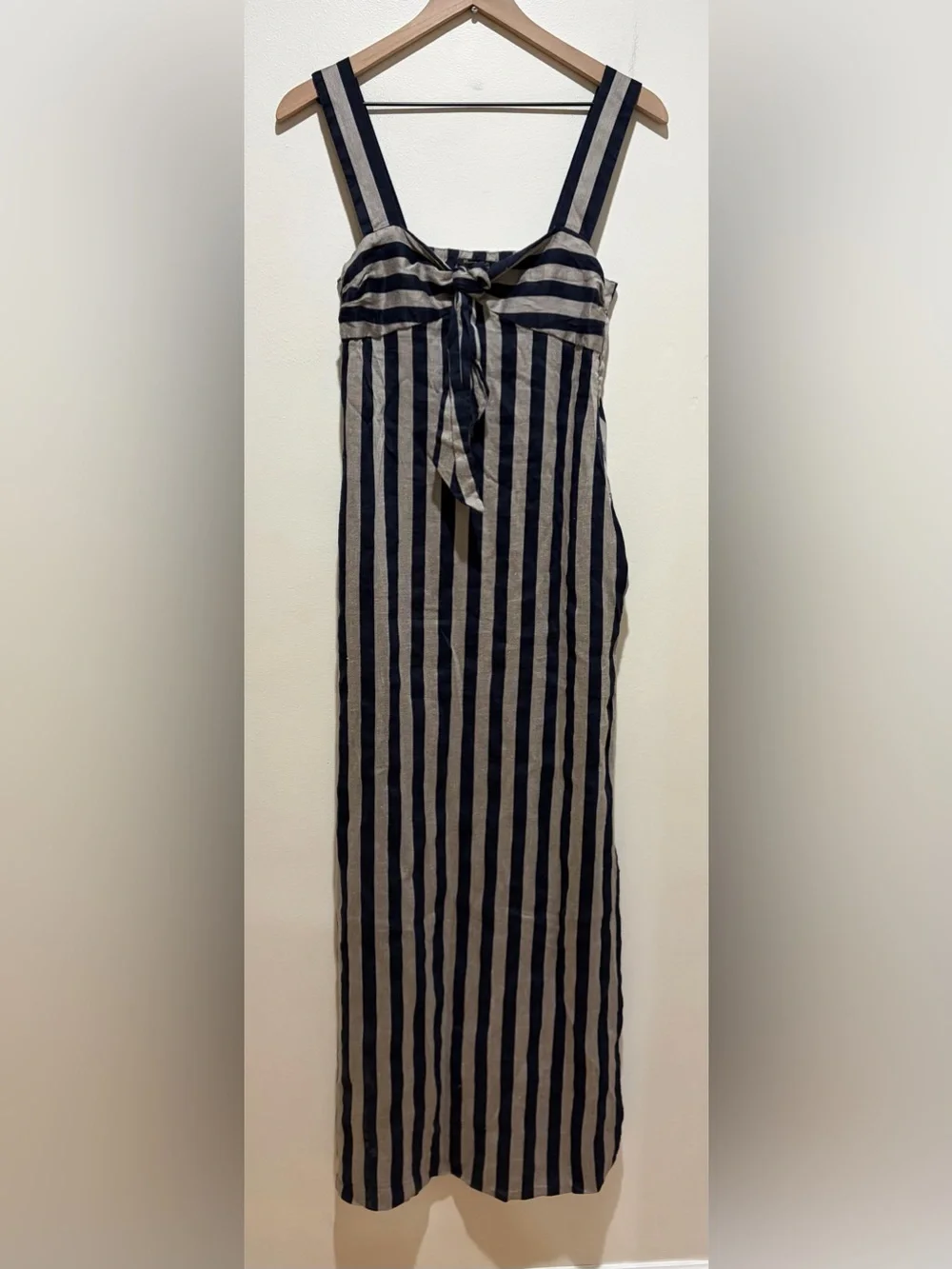 Massimo Dutti Linen Blend Vertical Stripes Blue & Silver Sleeveless Maxi Dress 4 - Picture 1 of 7